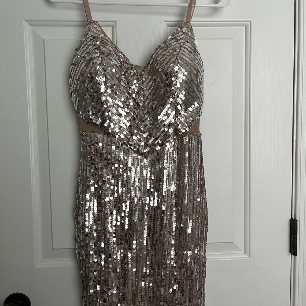 GUESS Silver Sequin Spaghetti Strap Dress